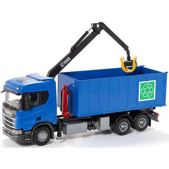 Emek Scania Recycle lastväxlare med kran och blå hytt leksak