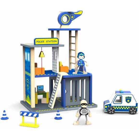 Polisstation leksak i trä med tillbehör Tooky Toy