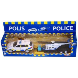 Polisbil med släpvagn och helikopter Die-Cast