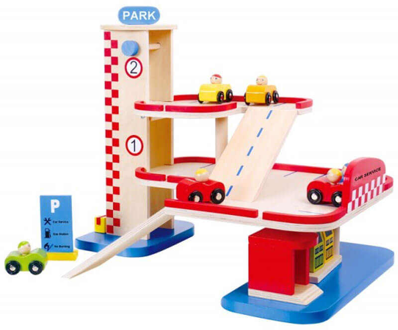 Tooky Toy Parkeringsgarage Bilgarage med leksaksbilar i trä
