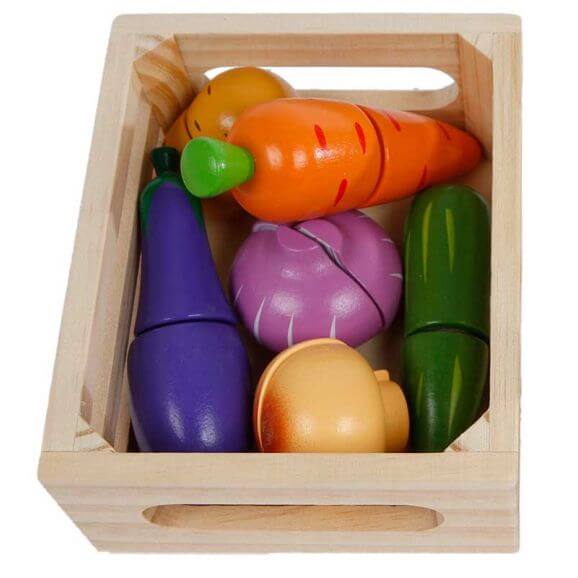 Leksaksmat Grönsaker delbara i trä med låda
