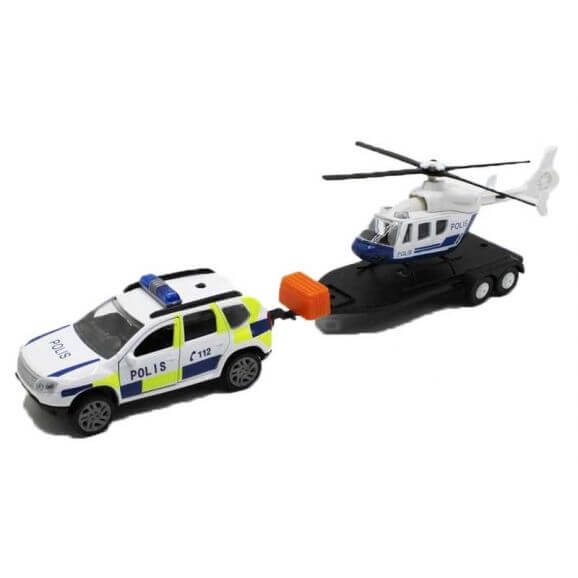 Leksakspolisbil med släpvagn och polishelikopter Die-Cast