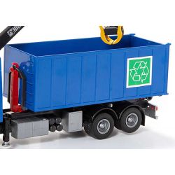 Emek Scania Recycle lastväxlare med kran och blå hytt