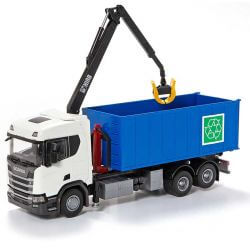 Emek Scania Recycle lastväxlare med kran och vit hytt