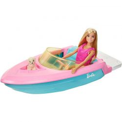 Barbiedocka och båt och hundvalp