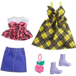 Barbiekläder 2-Pack Yellow Plaid Dress, Floral Top, Denim Skirt