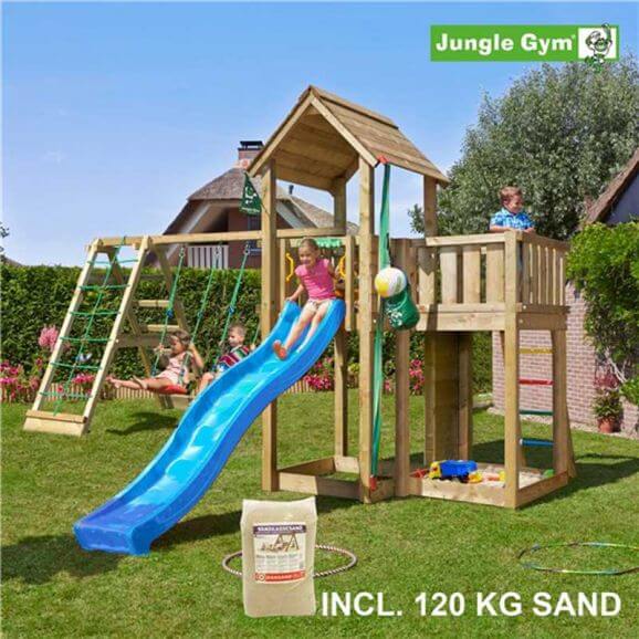 Jungle Gym Lektorn komplett Jungle Gym Barn inkl. Climb Modul X'tra, 120 kg sand och blå rutschkana