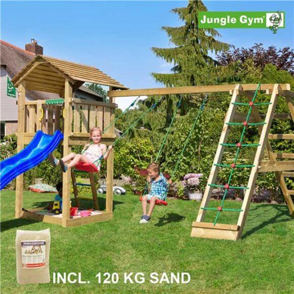 Jungle Gym Lektorn komplett Jungle Gym Cottage med Climb Modul X'tra, 120 kg sand och blå rutschkana