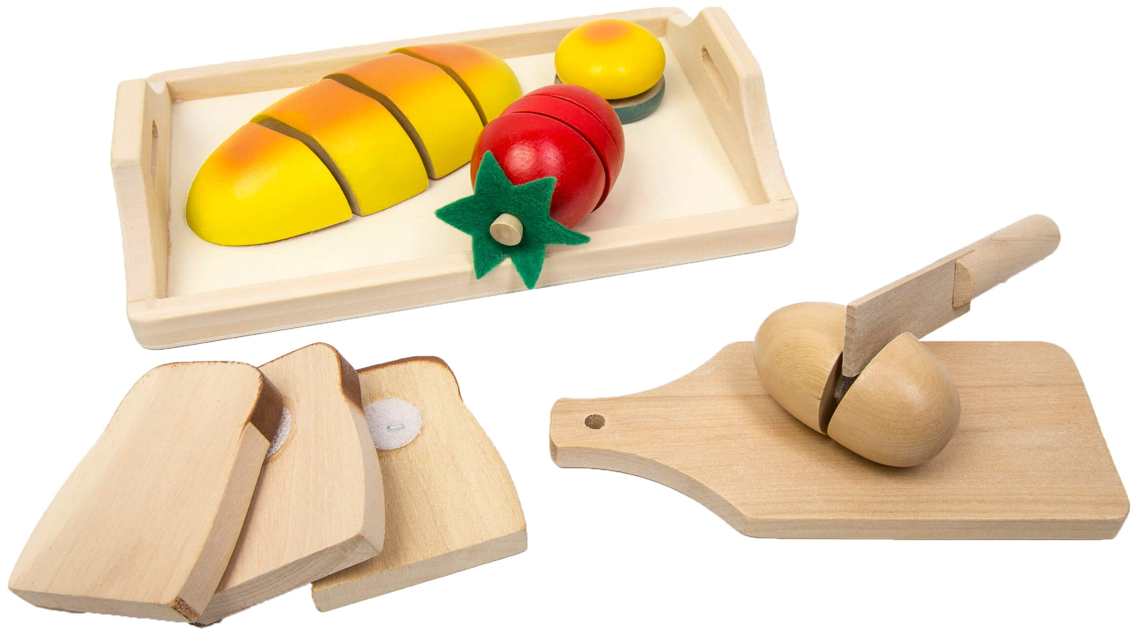 Lekmat bröd tomat ägg och kniv till leksakskök Woodi World Toy