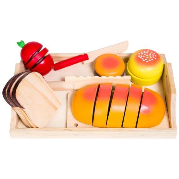 Leksaksmat tomat, brödskivor, kniv